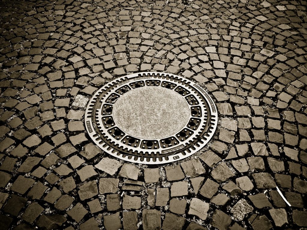 Round manhole cover in road traffic